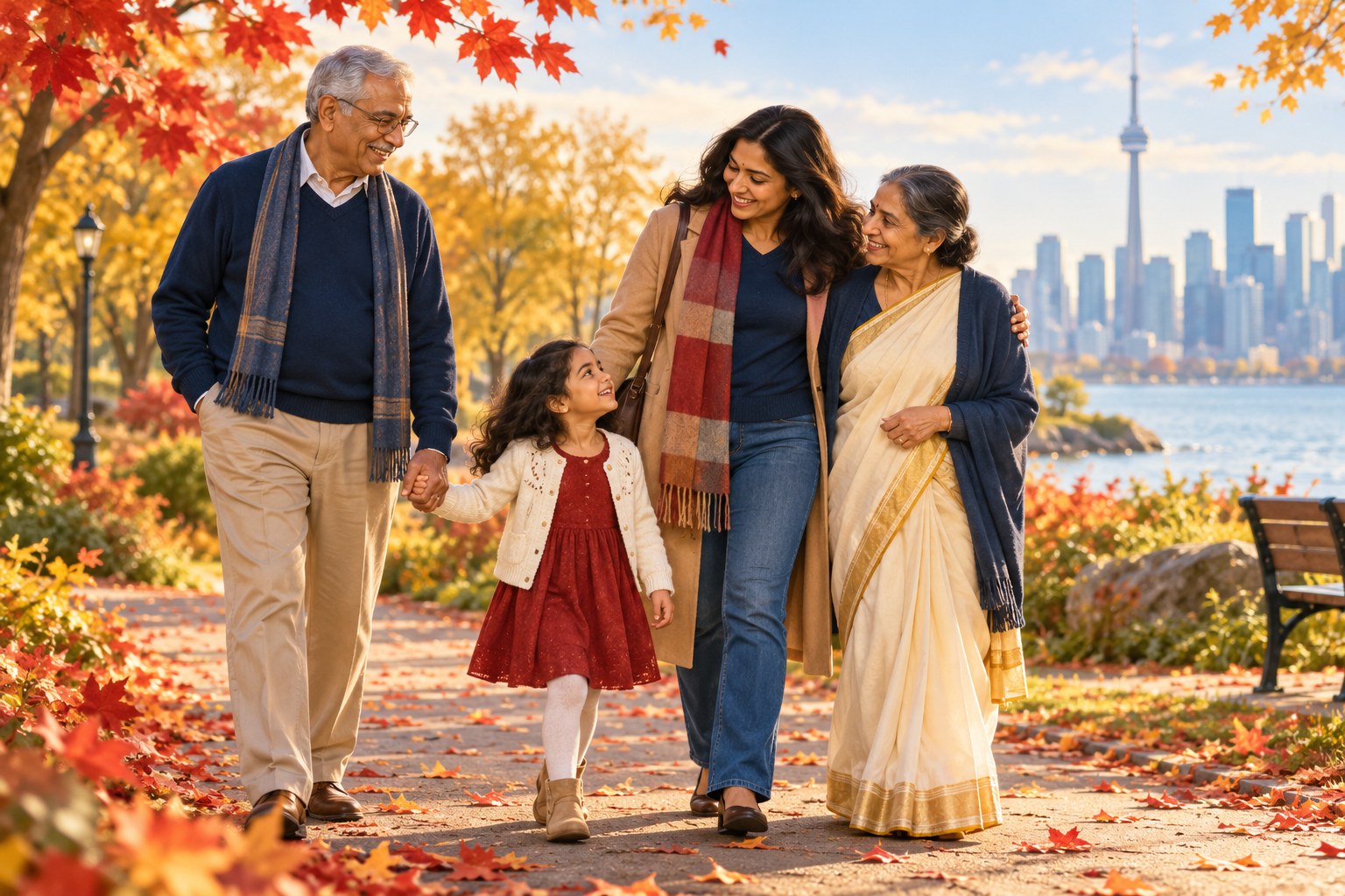 Grandparents, mother and child enjoying an autumn walk in Canada